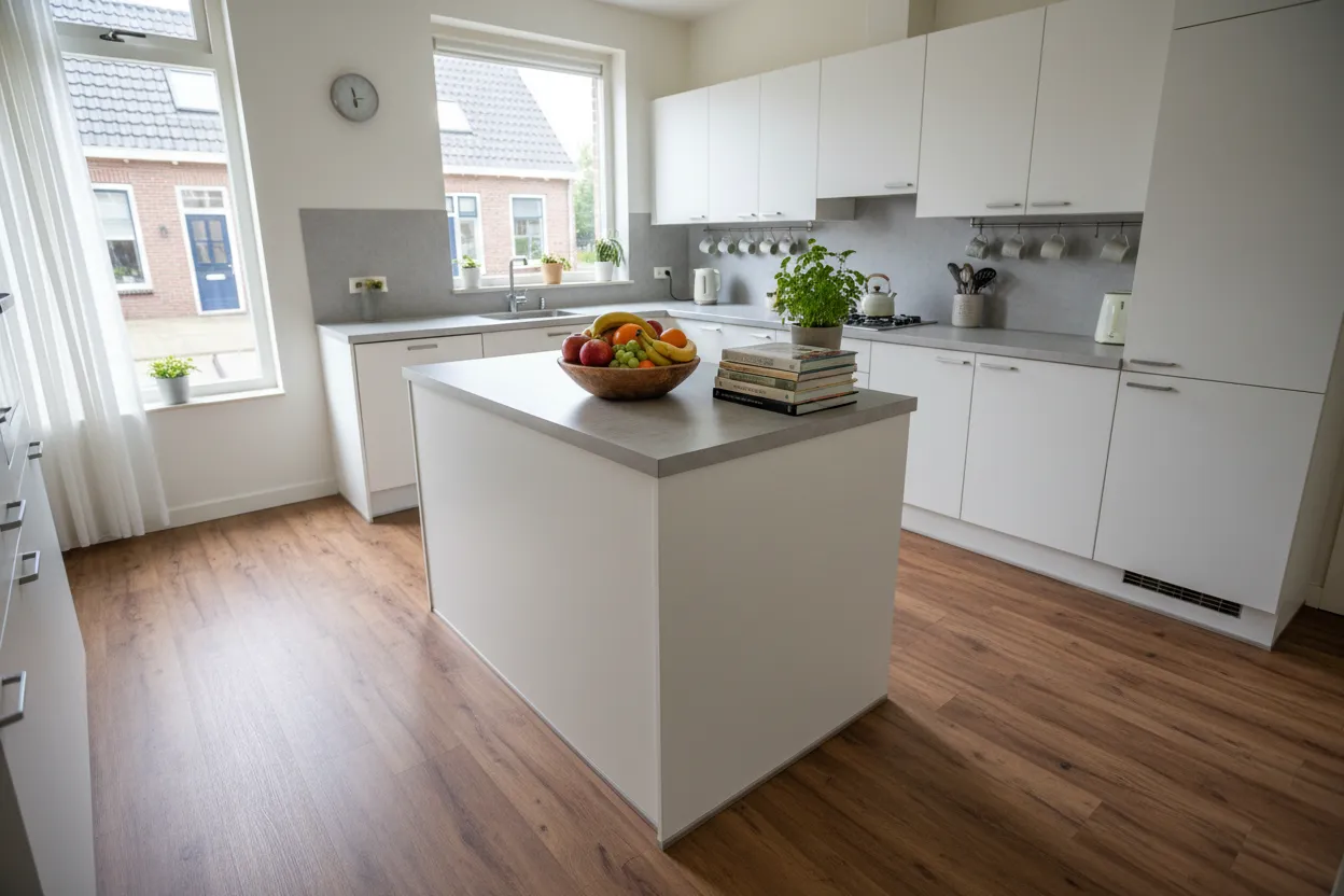 Open keuken met een pvc vloer in houtlook