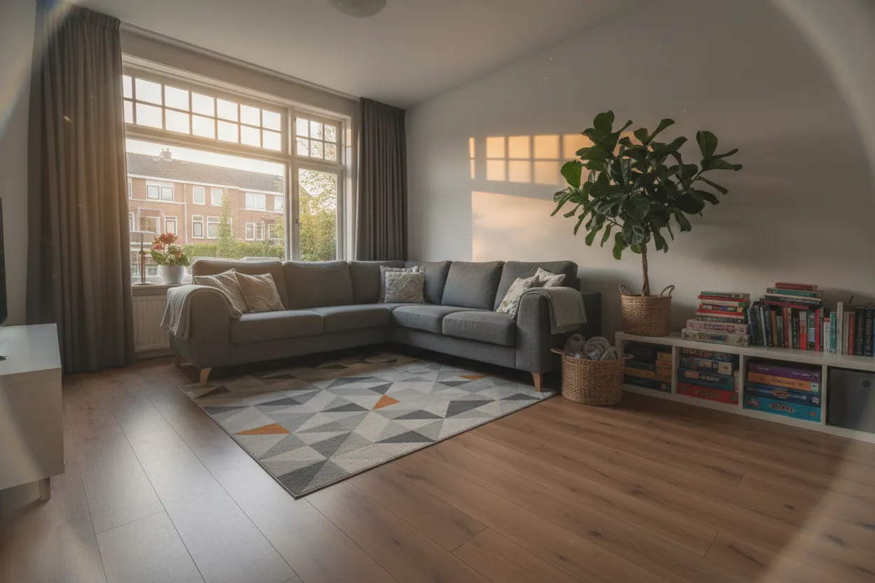Woonkamer met een warme houtlook vloer, een bank en een kleed