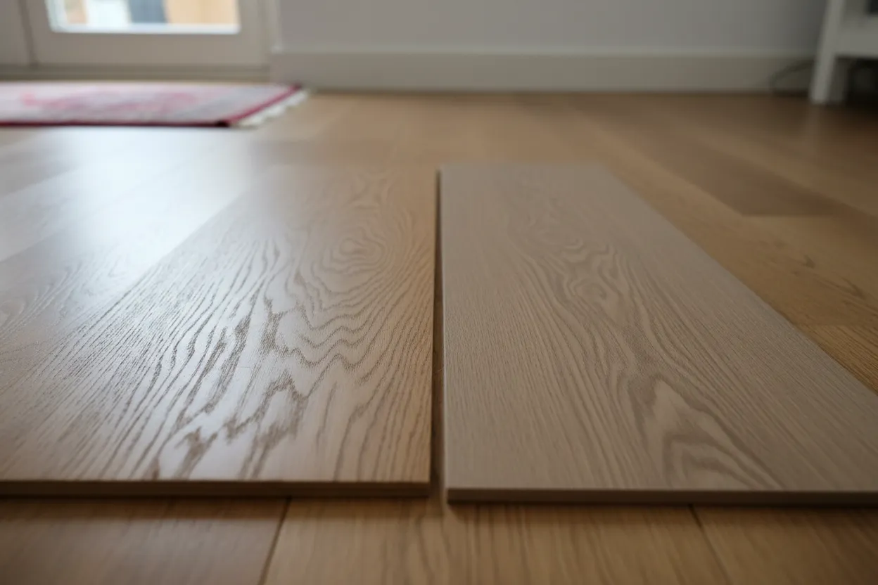 Een eiken plank en een pvc plank in houtlook naast elkaar op de vloer