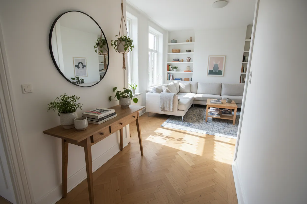 Gang en woonkamer met een lichte visgraatvloer